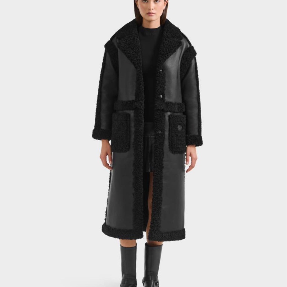RUDSAK Black Faux-Shearling Trim Long Trench Coat
